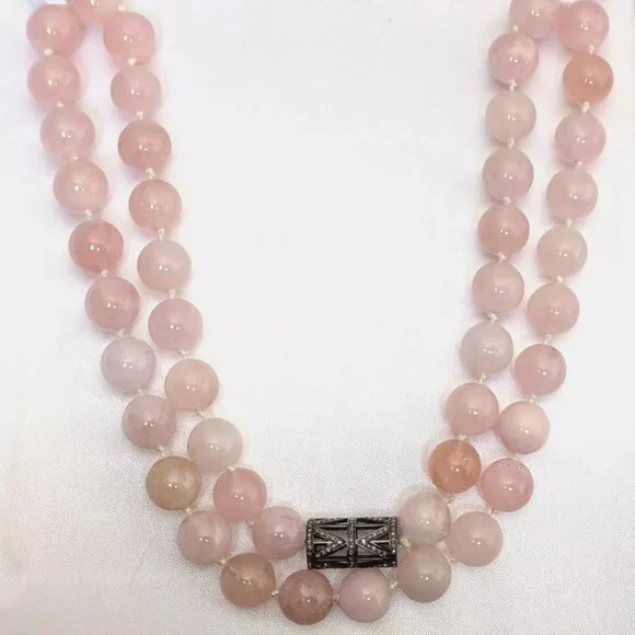 Vintage Sterling Rose Cut Diamond Pendant 11.5MM Pink Quarts Beaded Necklace 25"
